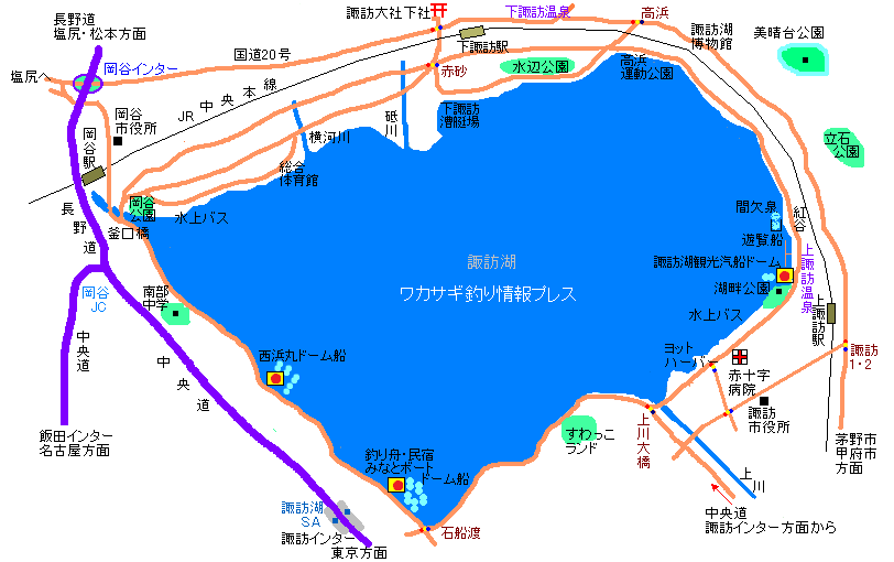 上諏訪温泉（間欠泉）から諏訪湖、下諏訪温泉（諏訪大社）旅マップ